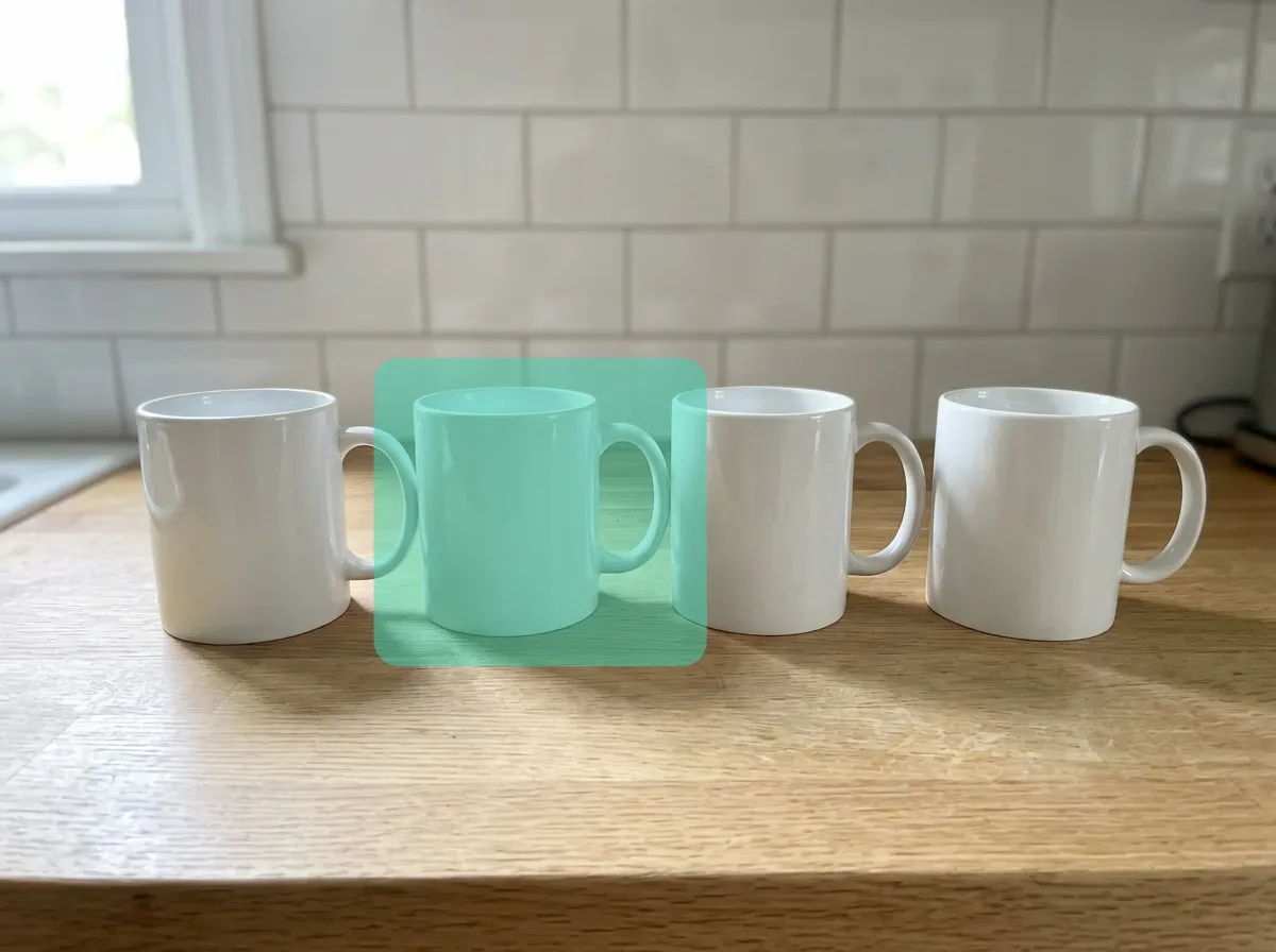One of four identical mugs: original photo with the brushed area marked