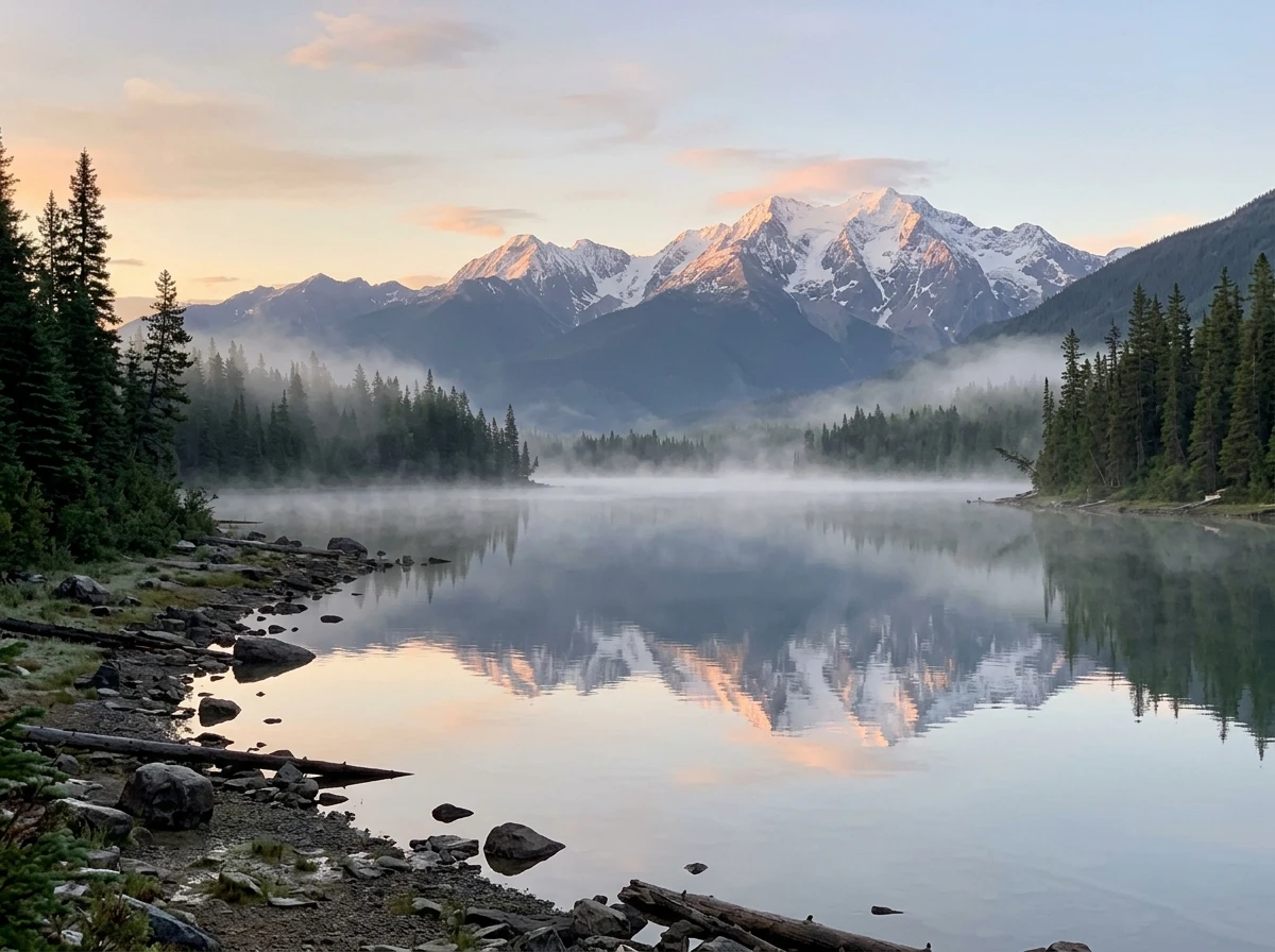 Landscape photo of a misty mountain lake at sunrise