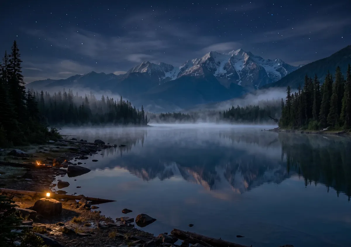 Mountain lake at sunrise, night version: inner display wallpaper