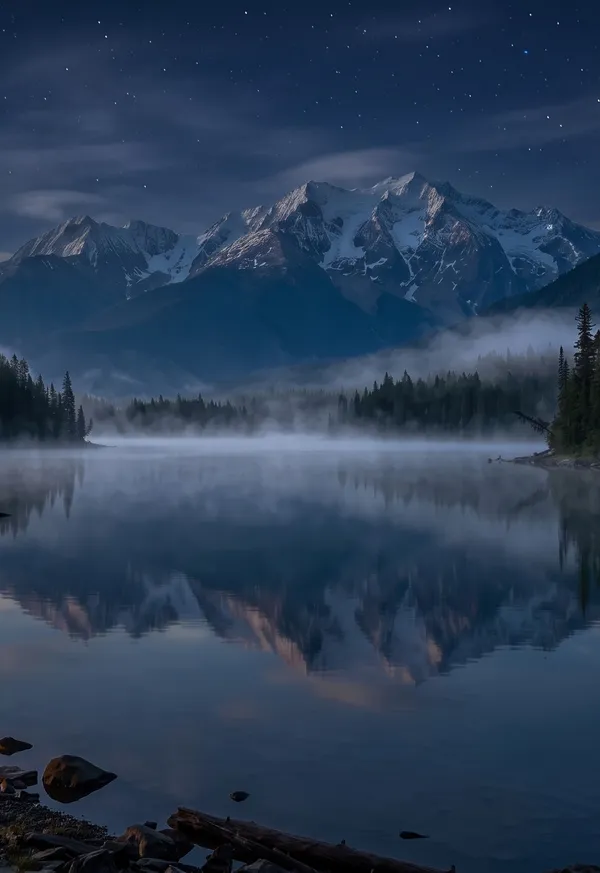 Mountain lake at sunrise, night version: outer display wallpaper