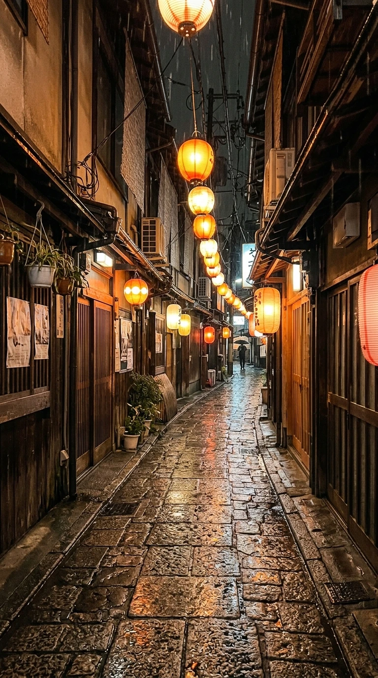 Tall phone photo of a narrow rainy alley lit by lanterns