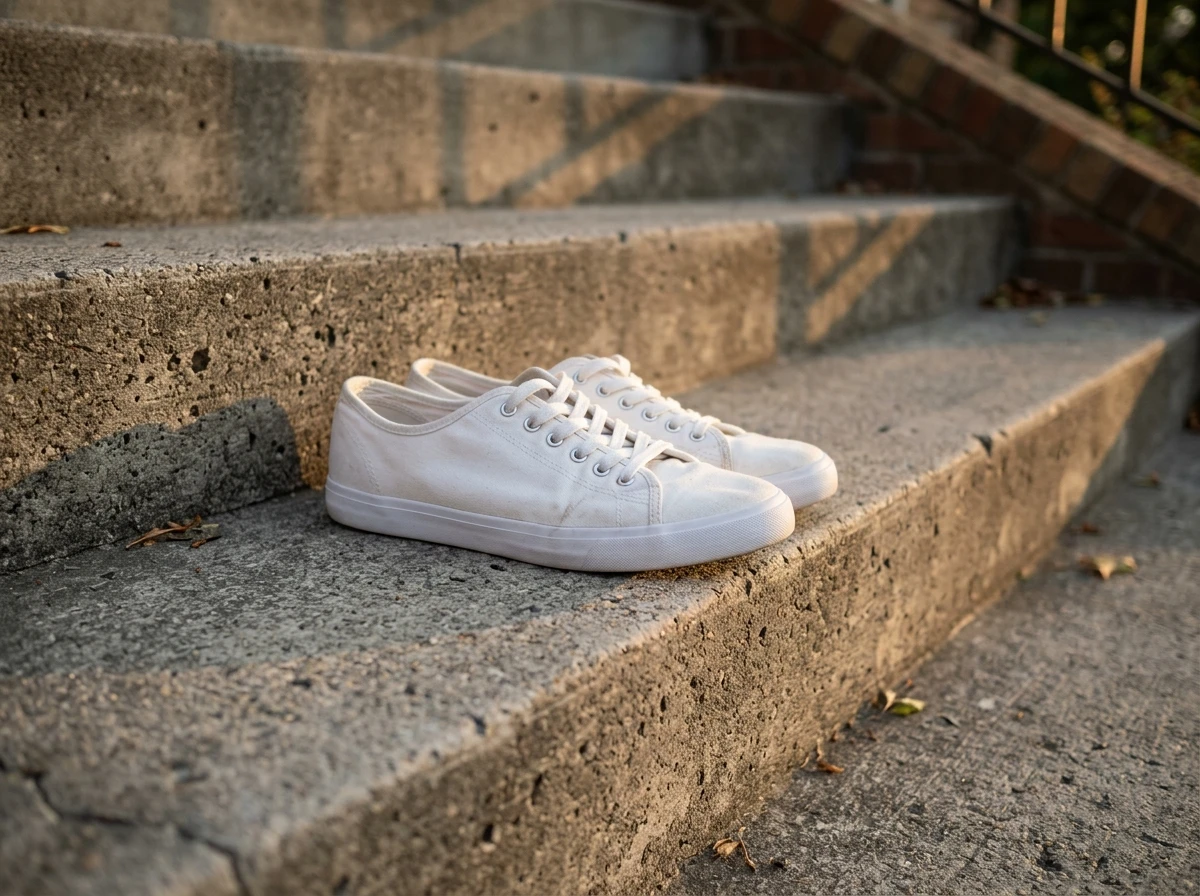 Photo of white canvas sneakers on concrete steps in late afternoon sun