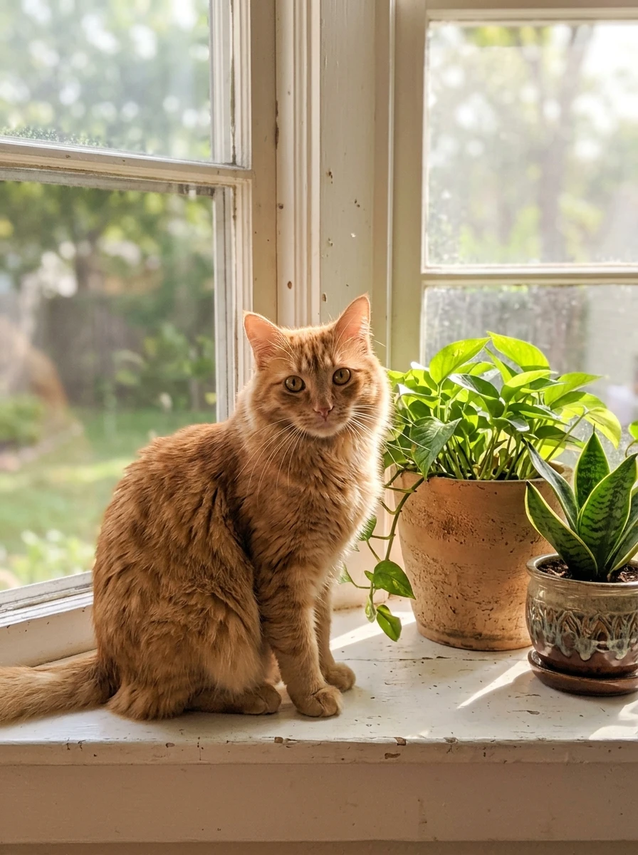 Phone photo of a ginger cat sitting on a sunny windowsill next to houseplants