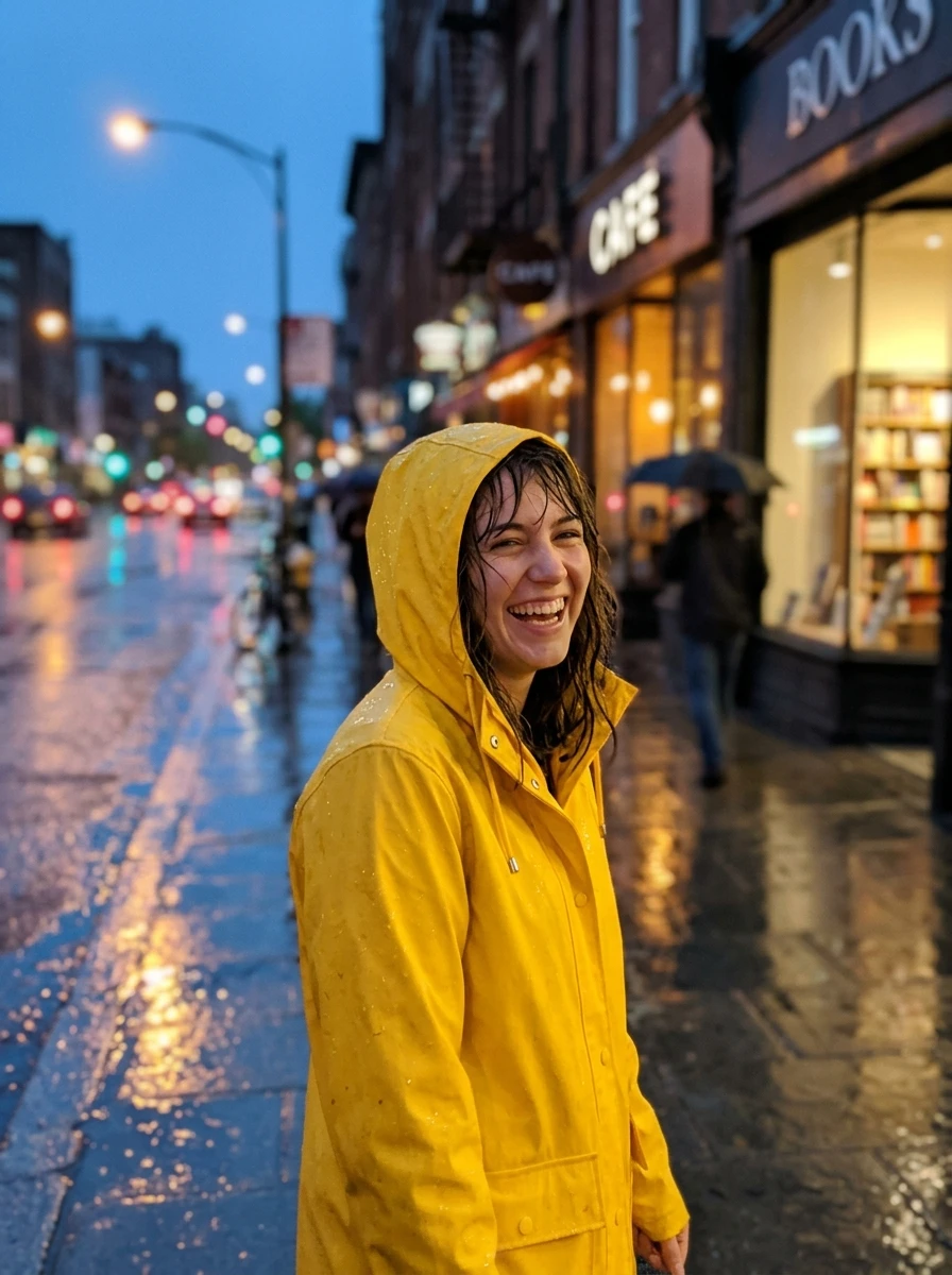 Phone photo of a woman in a yellow raincoat laughing on a rainy street at dusk