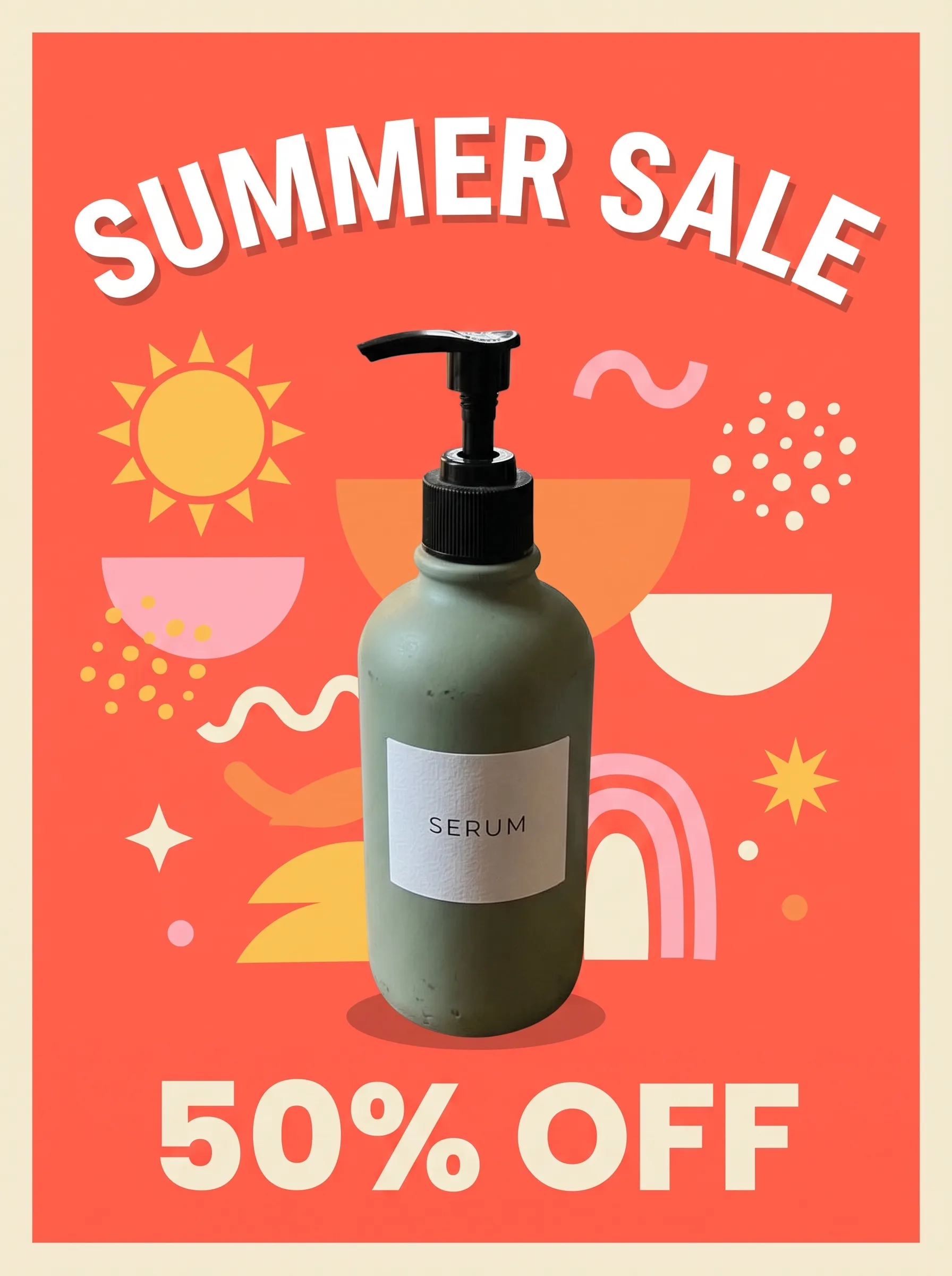 Nano Banana 2.1 result: coral sale poster reading SUMMER SALE and 50% OFF around the serum bottle