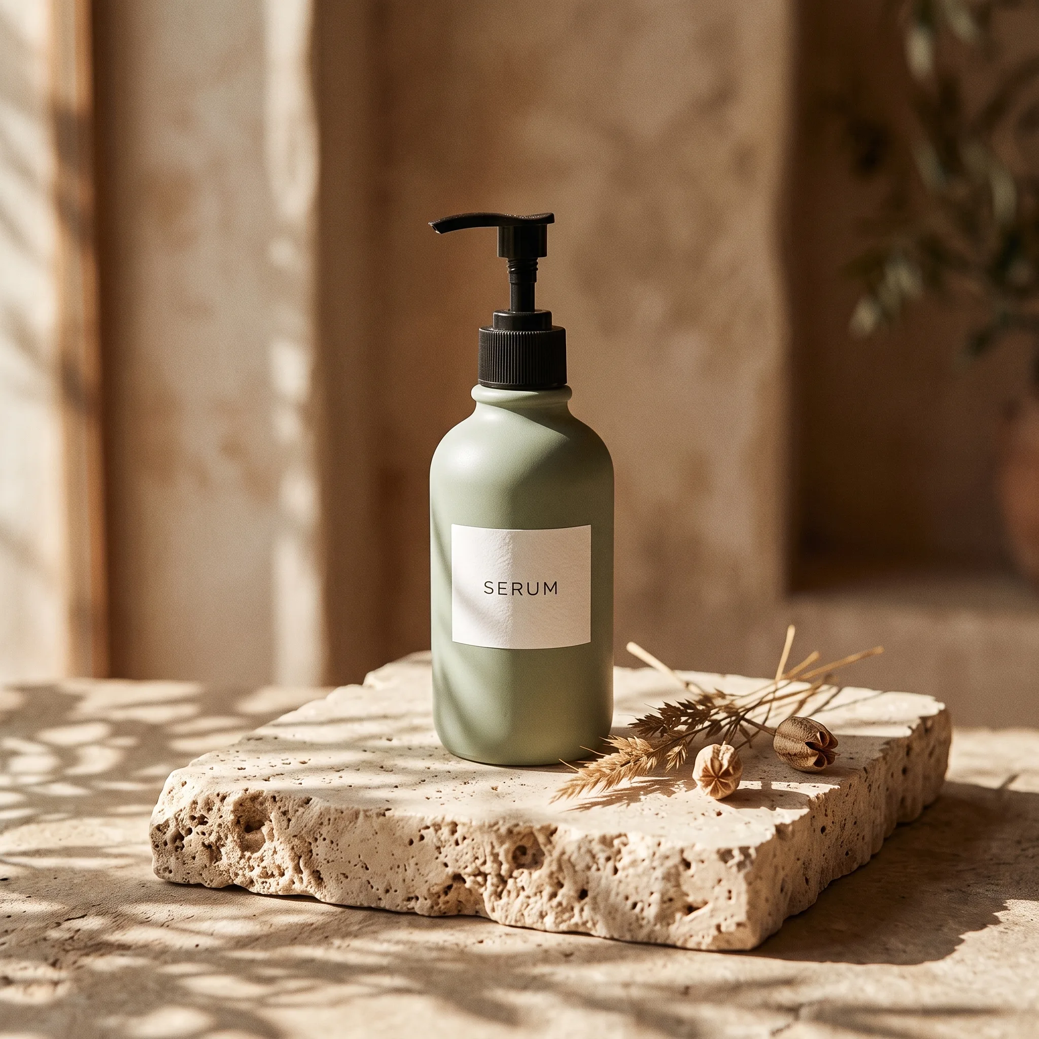 Nano Banana 2.1 result: the same serum bottle on a travertine block with dried stems and dappled morning light